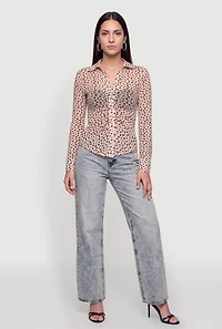Animal Print Velvet Burnout Ruched Button Front Top