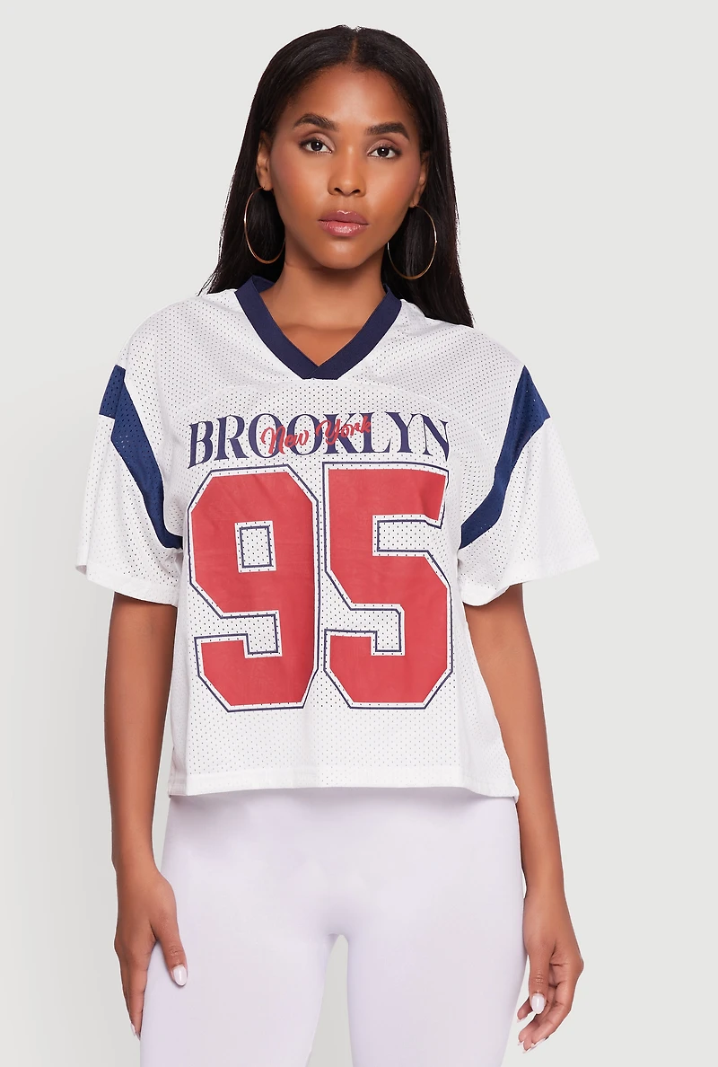 Womens Contrast Trim Brooklyn New York 95 Graphic Jersey, White, Size S
