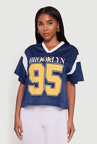 Womens Contrast Trim Brooklyn New York 95 Graphic Jersey, Blue,