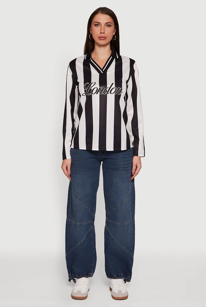 Womens Jersey Mesh Striped Destination Graphic Polo Shirt, S