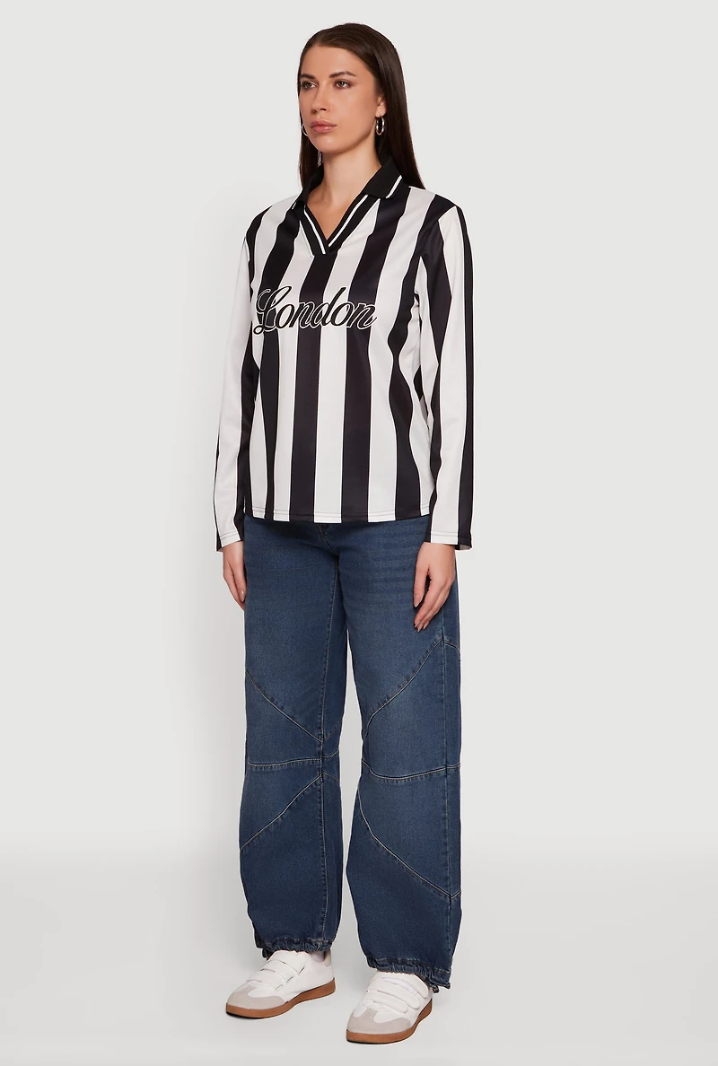 Womens Jersey Mesh Striped Destination Graphic Polo Shirt, S