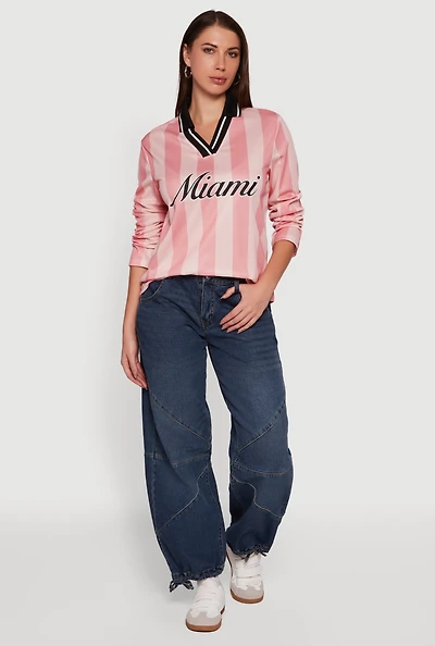 Womens Jersey Mesh Striped Destination Graphic Polo Shirt, Pink, Size M