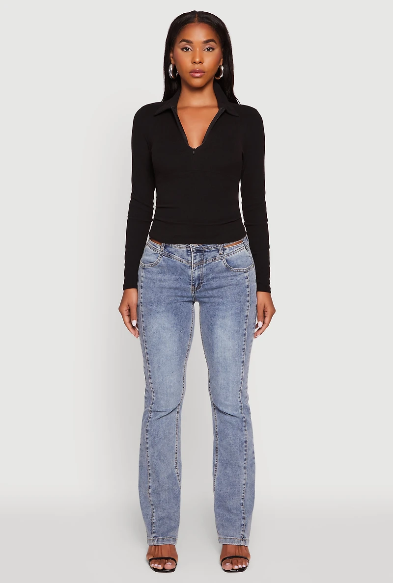 Womens Long Sleeve Half Zip Cropped Polo Shirt, Black, Size M