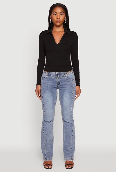 Womens Long Sleeve Half Zip Cropped Polo Shirt, Black, Size M
