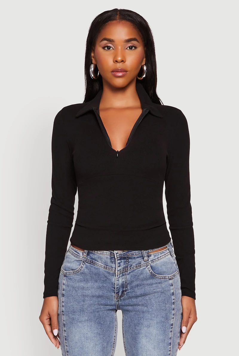 Womens Long Sleeve Half Zip Cropped Polo Shirt, Black, Size M