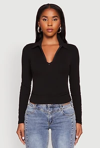 Womens Long Sleeve Half Zip Cropped Polo Shirt, Black, Size M