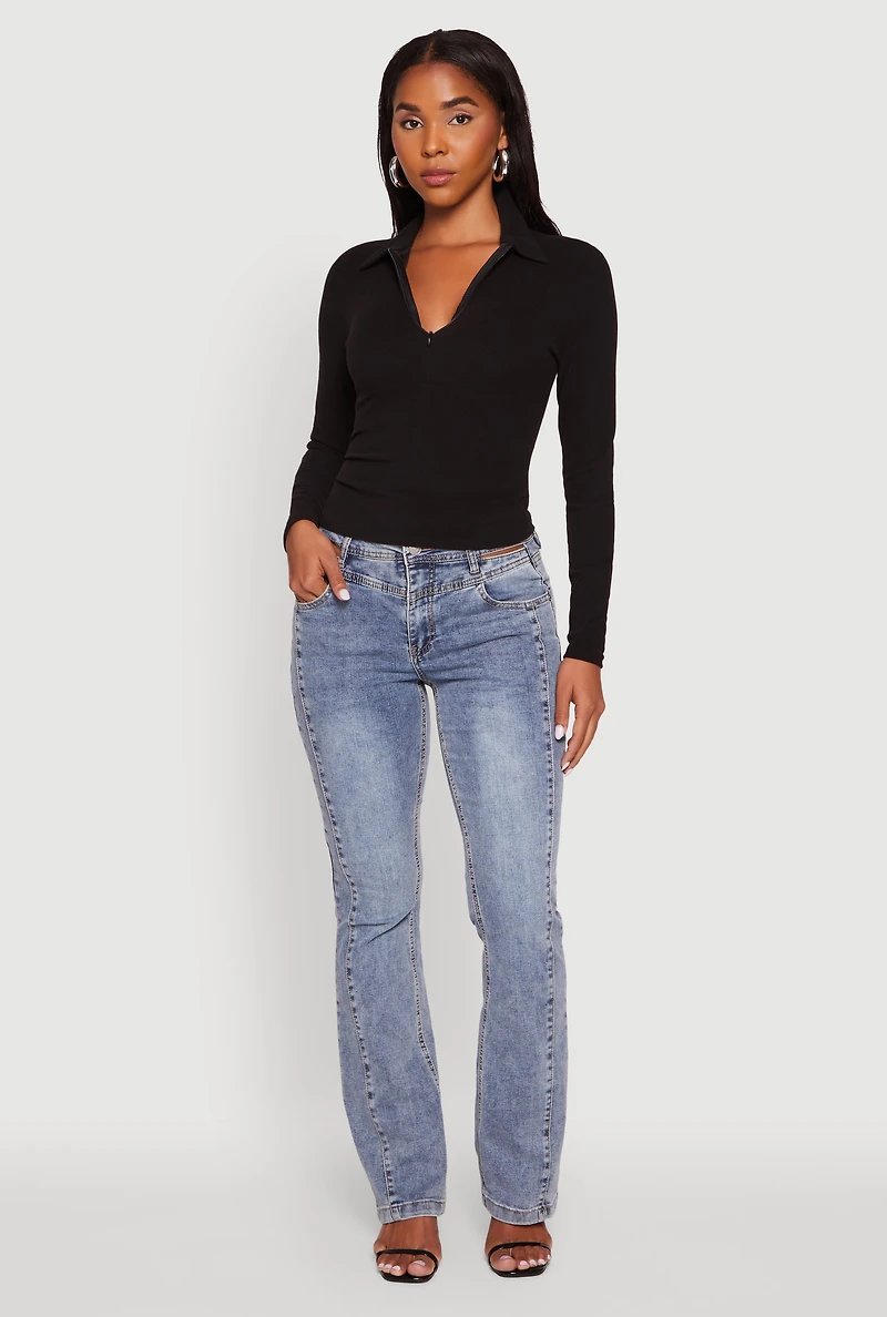 Womens Long Sleeve Half Zip Cropped Polo Shirt, Black, Size M