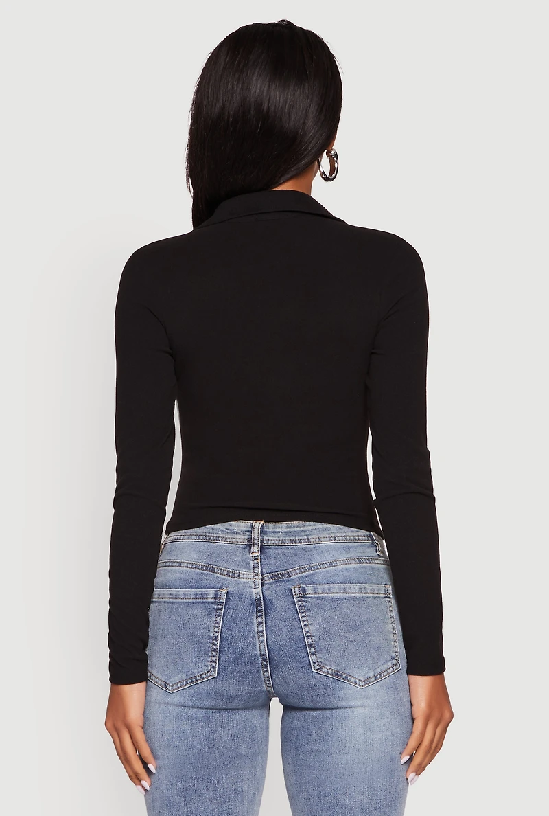 Womens Long Sleeve Half Zip Cropped Polo Shirt, Black, Size M