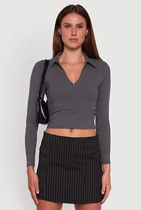Womens Long Sleeve Half Zip Cropped Polo Shirt,