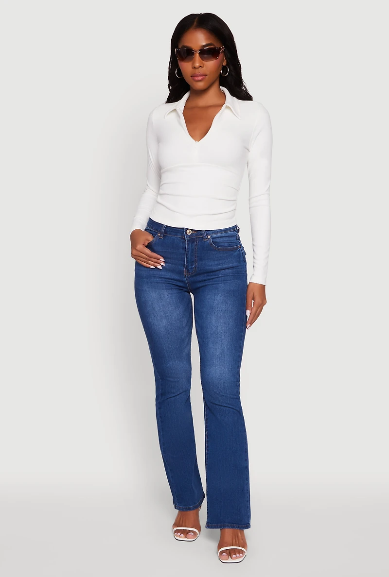 Womens Long Sleeve Half Zip Cropped Polo Shirt, White, Size L