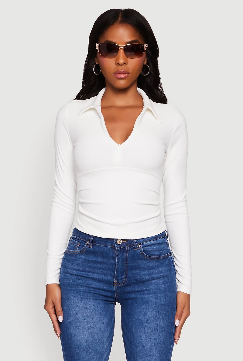 Womens Long Sleeve Half Zip Cropped Polo Shirt, White, Size L