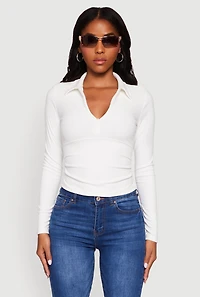 Womens Long Sleeve Half Zip Cropped Polo Shirt, White, Size L