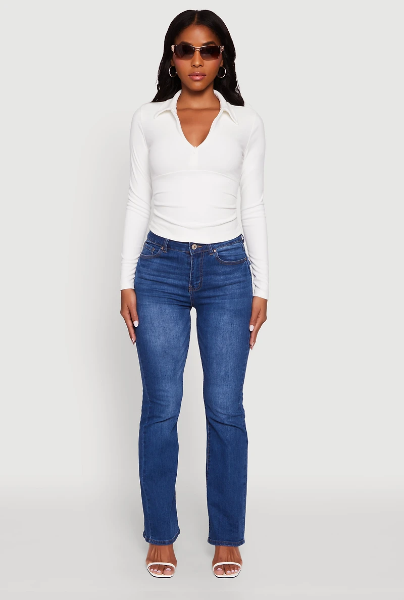 Womens Long Sleeve Half Zip Cropped Polo Shirt, White, Size L