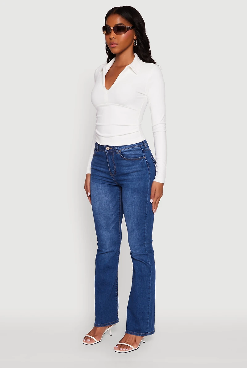 Womens Long Sleeve Half Zip Cropped Polo Shirt, White, Size L