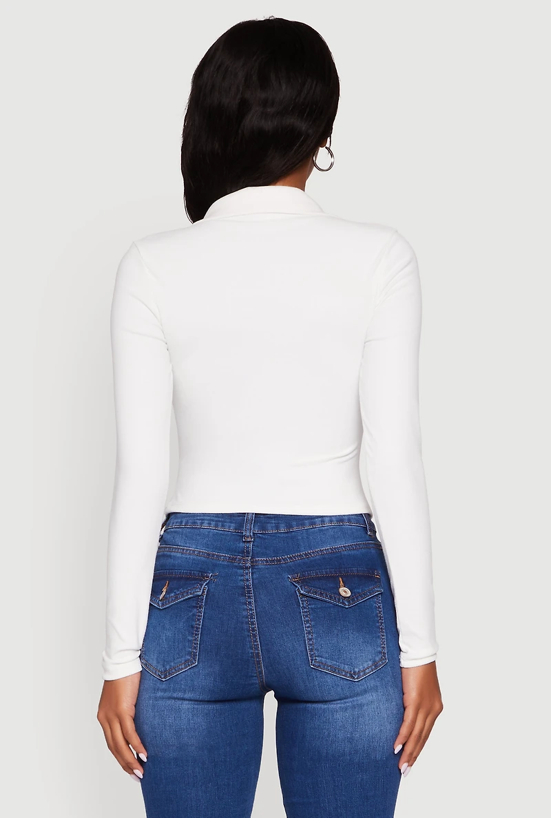 Womens Long Sleeve Half Zip Cropped Polo Shirt, White, Size L