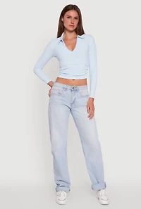 Womens Long Sleeve Half Zip Cropped Polo Shirt, Blue, Size M