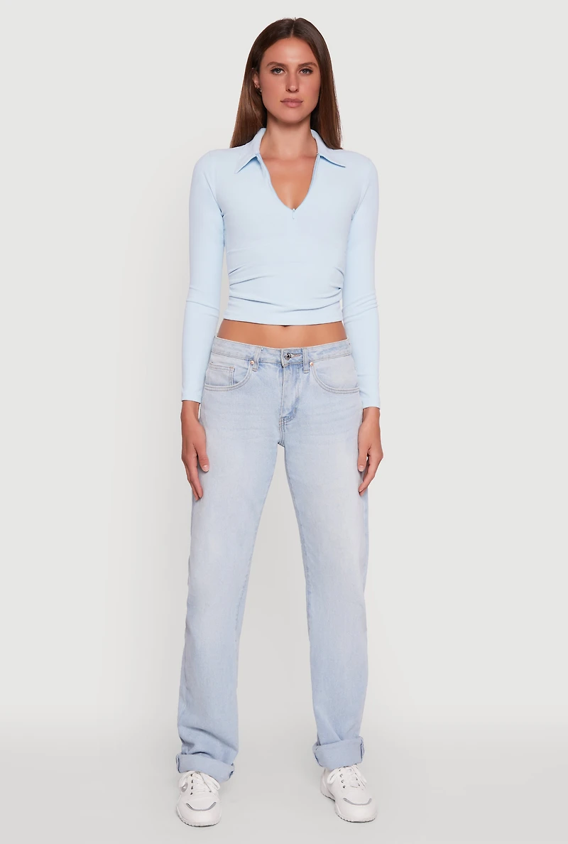 Womens Long Sleeve Half Zip Cropped Polo Shirt, Blue, Size M