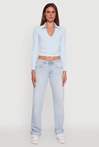 Womens Long Sleeve Half Zip Cropped Polo Shirt, Blue, Size M