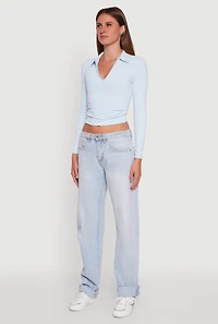 Long Sleeve Half Zip Cropped Polo Shirt