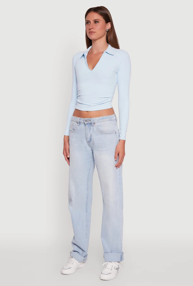 Long Sleeve Half Zip Cropped Polo Shirt