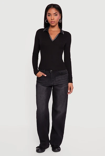 Contrast Trim Ribbed Knit Polo Shirt