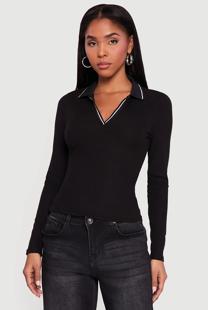 Contrast Trim Ribbed Knit Polo Shirt