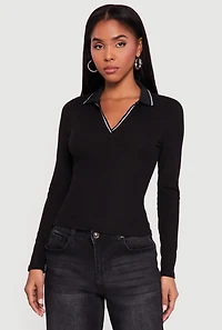 Contrast Trim Ribbed Knit Polo Shirt