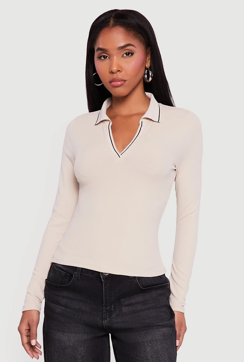 Womens Contrast Trim Ribbed Knit Polo Shirt, M
