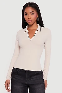 Womens Contrast Trim Ribbed Knit Polo Shirt, M