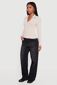Womens Contrast Trim Ribbed Knit Polo Shirt, M