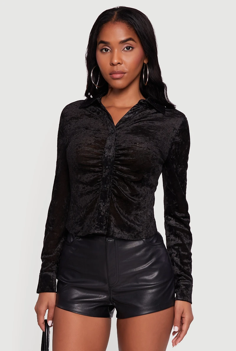 Crushed Velvet Ruched Button Front Shirt