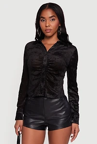 Crushed Velvet Ruched Button Front Shirt