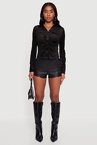 Crushed Velvet Ruched Button Front Shirt