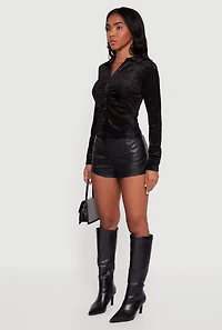 Crushed Velvet Ruched Button Front Shirt