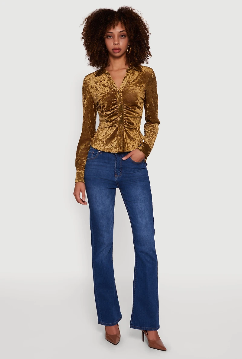 Crushed Velvet Ruched Button Front Shirt