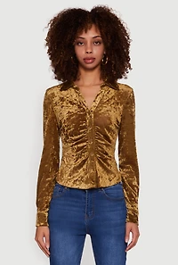 Crushed Velvet Ruched Button Front Shirt