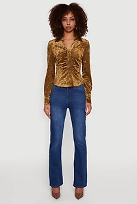 Womens Crushed Velvet Ruched Button Front Shirt, Green, Size S