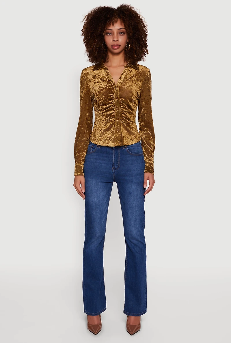 Crushed Velvet Ruched Button Front Shirt