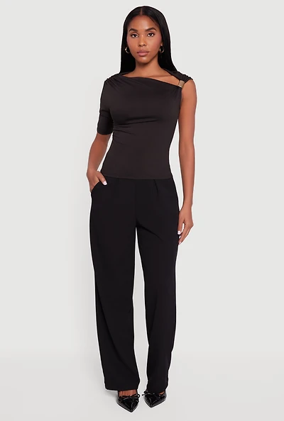 Womens Metallic Detail Asymmetrical Neck Side Ruched Blouse,