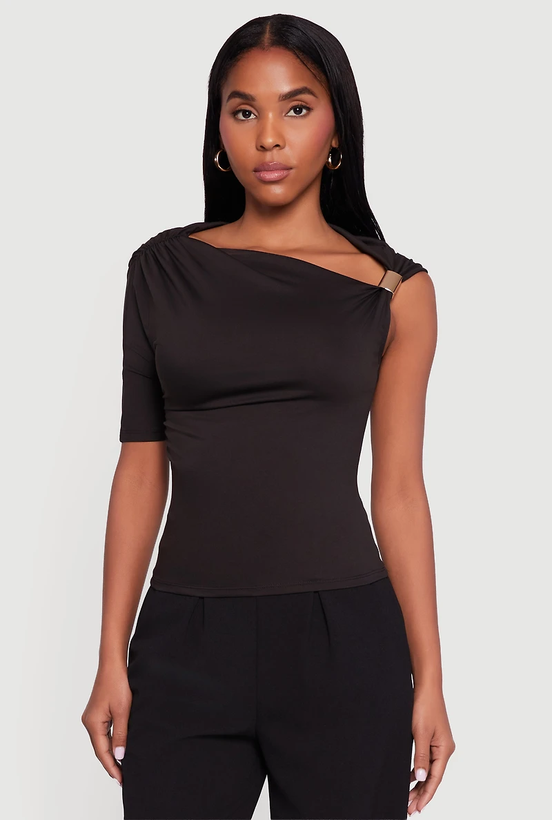 Womens Metallic Detail Asymmetrical Neck Side Ruched Blouse,