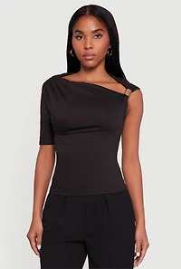 Womens Metallic Detail Asymmetrical Neck Side Ruched Blouse,