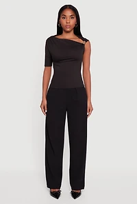 Womens Metallic Detail Asymmetrical Neck Side Ruched Blouse,