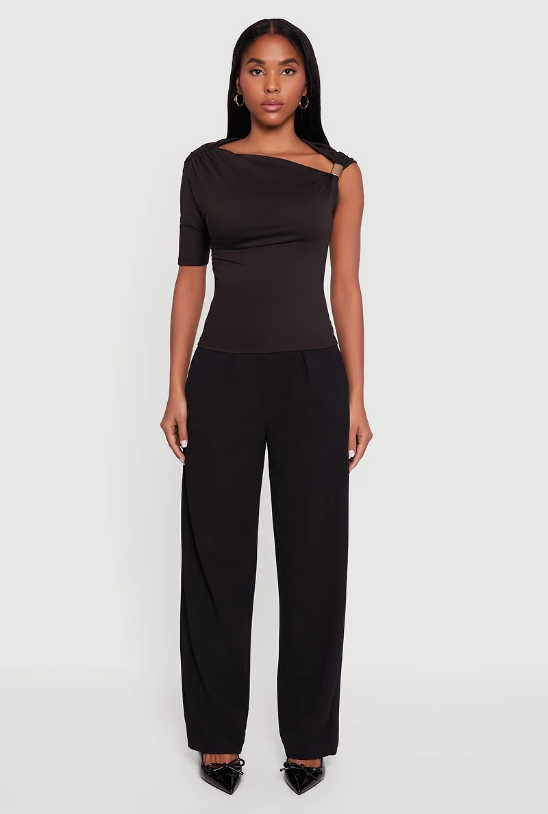 Metallic Detail Asymmetrical Neck Side Ruched Blouse