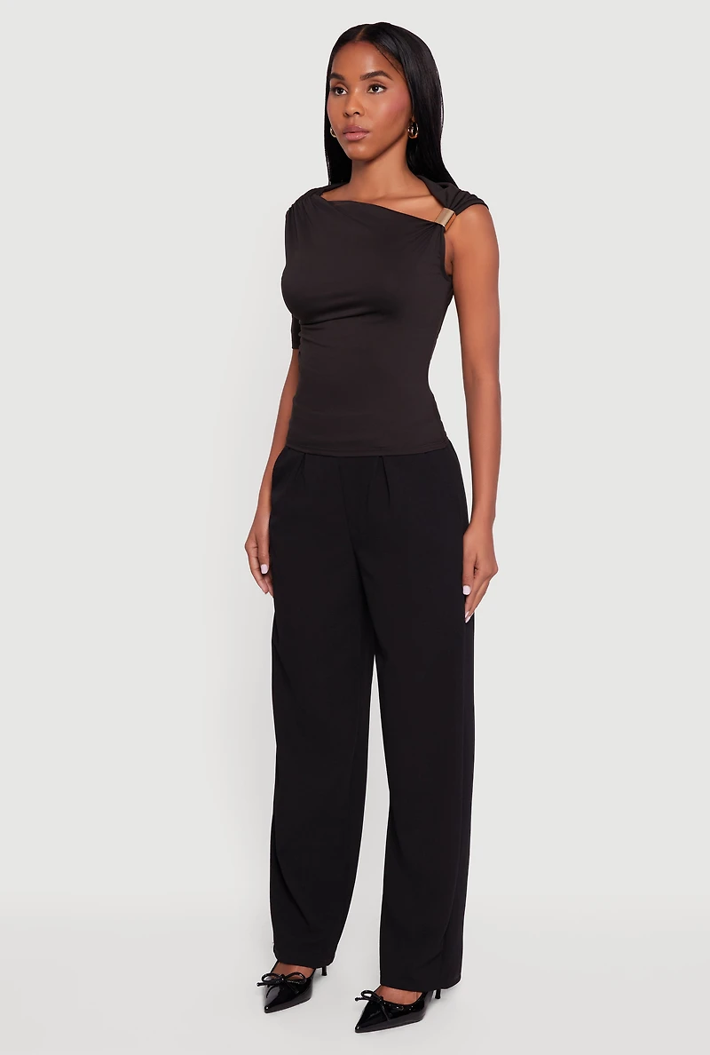 Womens Metallic Detail Asymmetrical Neck Side Ruched Blouse,