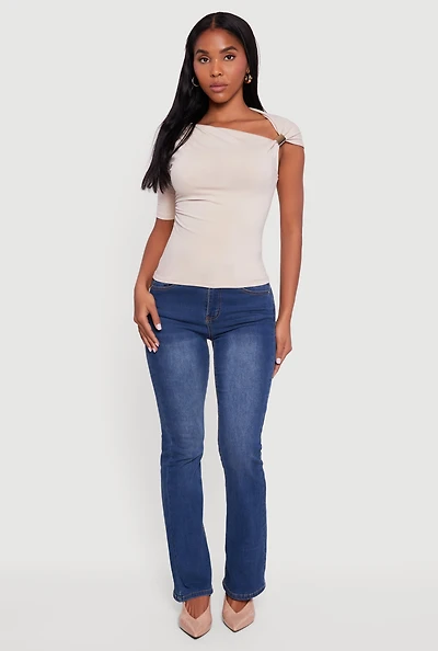 Metallic Detail Asymmetrical Neck Side Ruched Blouse