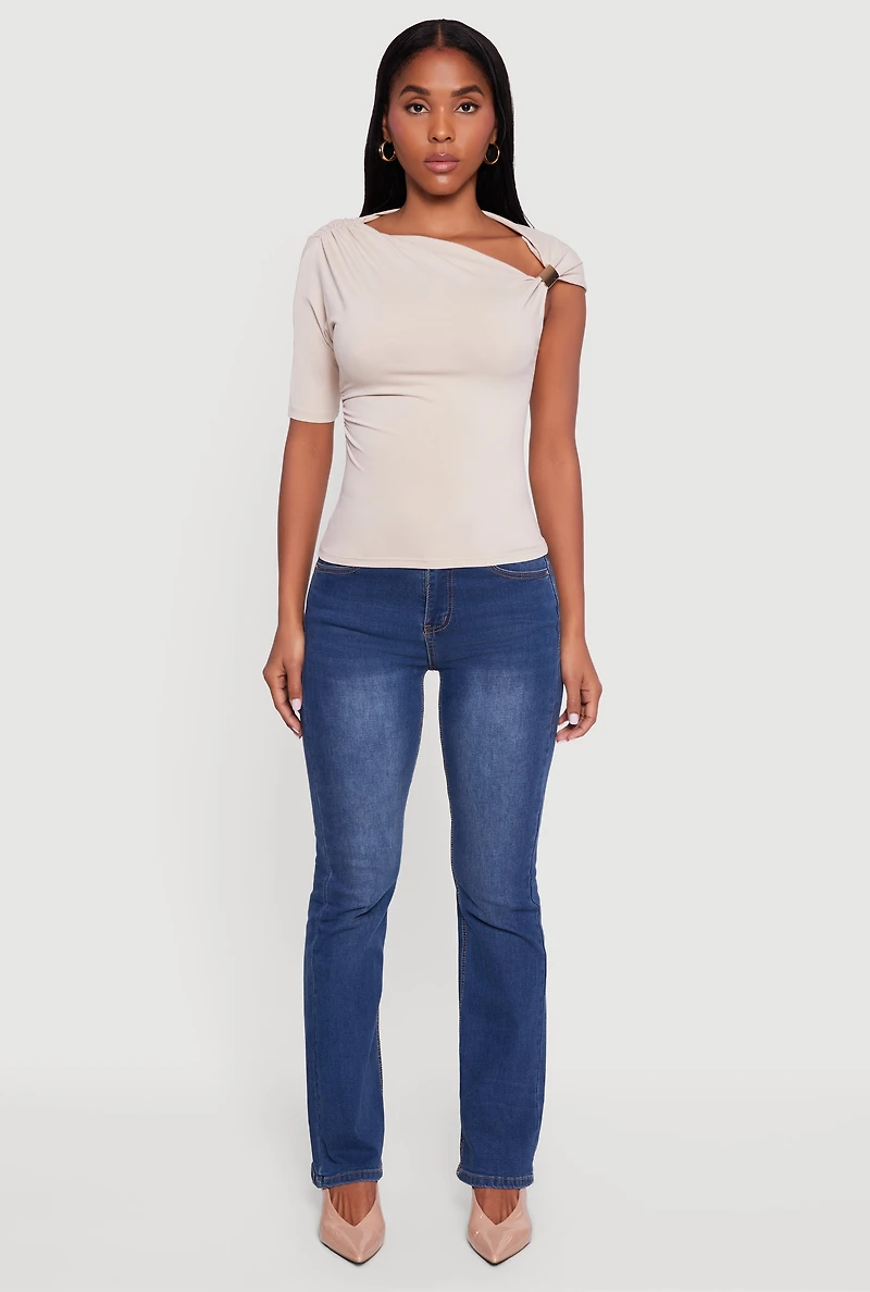 Womens Metallic Detail Asymmetrical Neck Side Ruched Blouse, White, Size L