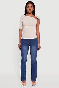 Womens Metallic Detail Asymmetrical Neck Side Ruched Blouse, White, Size L