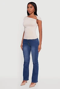 Womens Metallic Detail Asymmetrical Neck Side Ruched Blouse, White, Size L