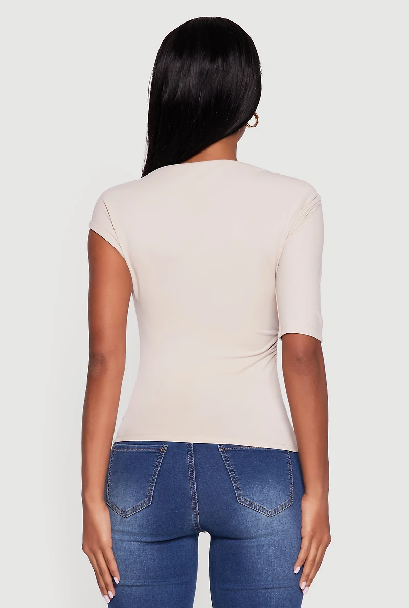 Womens Metallic Detail Asymmetrical Neck Side Ruched Blouse, White, Size L