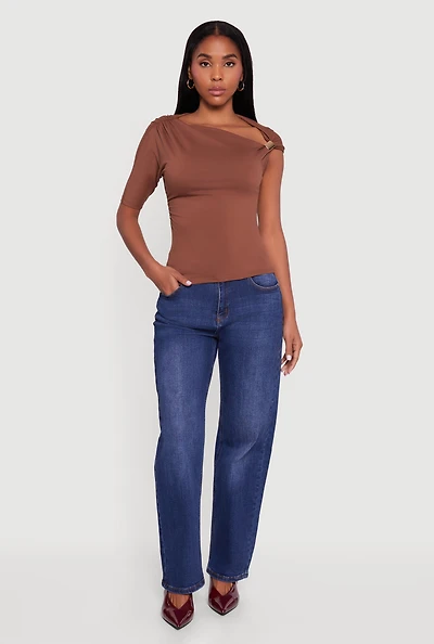 Womens Metallic Detail Asymmetrical Neck Side Ruched Blouse,